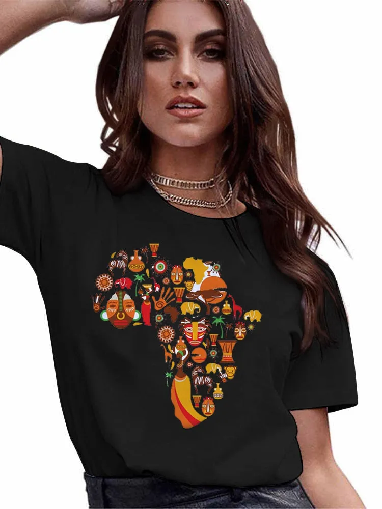 4XL Variety Africa Art Print Black T shirt Round Neck Short Sleeve