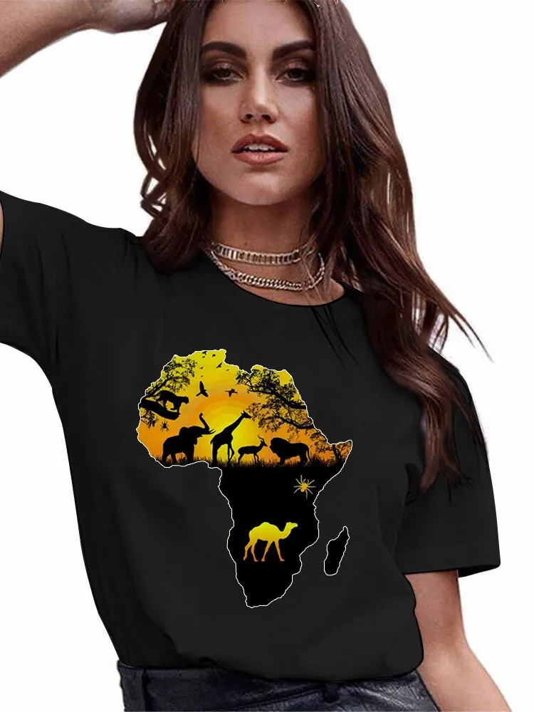 4XL Variety Africa Art Print Black T shirt Round Neck Short Sleeve