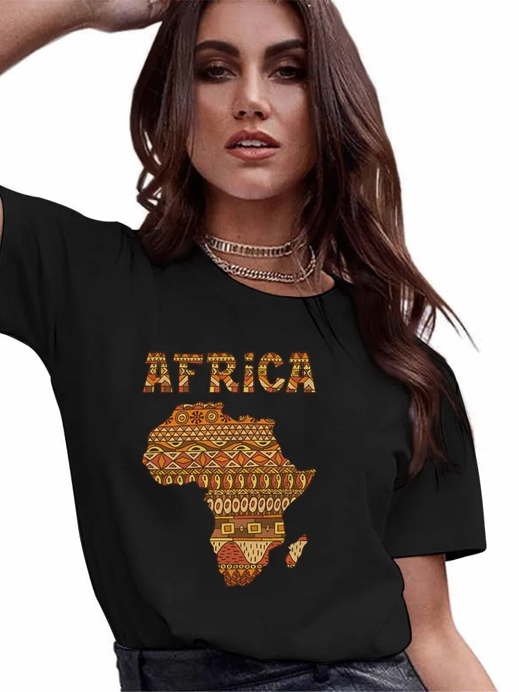 4XL Variety Africa Art Print Black T shirt Round Neck Short Sleeve