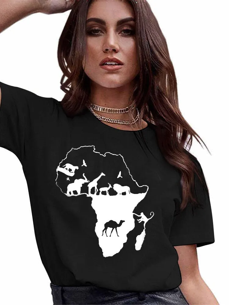 4XL Variety Africa Art Print Black T shirt Round Neck Short Sleeve