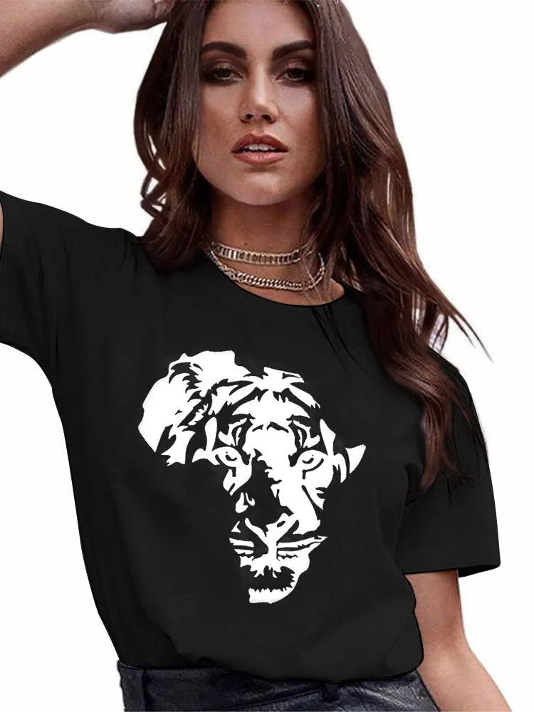 4XL Variety Africa Art Print Black T shirt Round Neck Short Sleeve