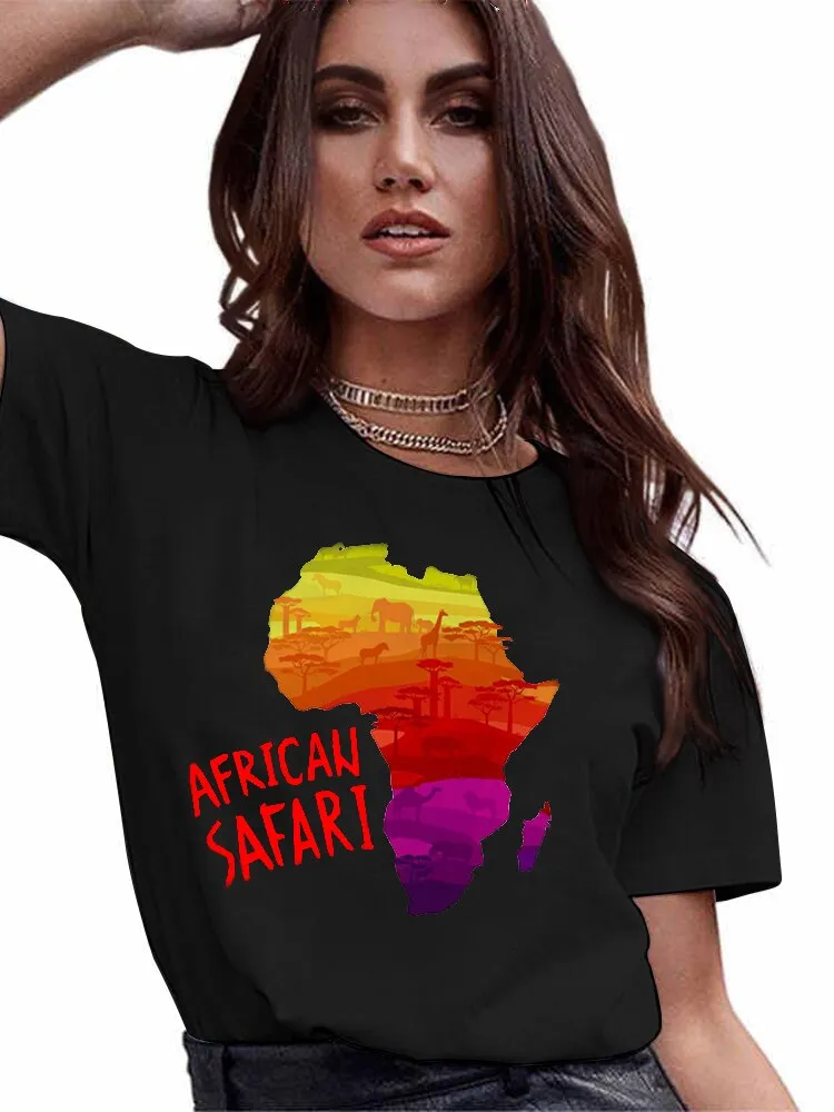 4XL Variety Africa Art Print Black T shirt Round Neck Short Sleeve