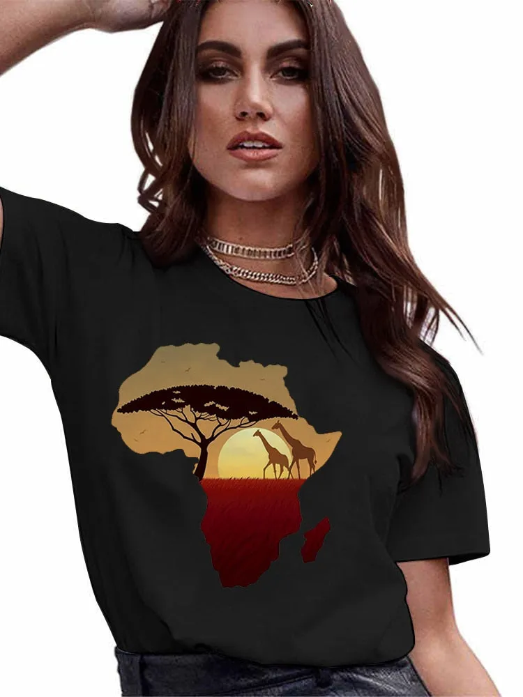 4XL Variety Africa Art Print Black T shirt Round Neck Short Sleeve