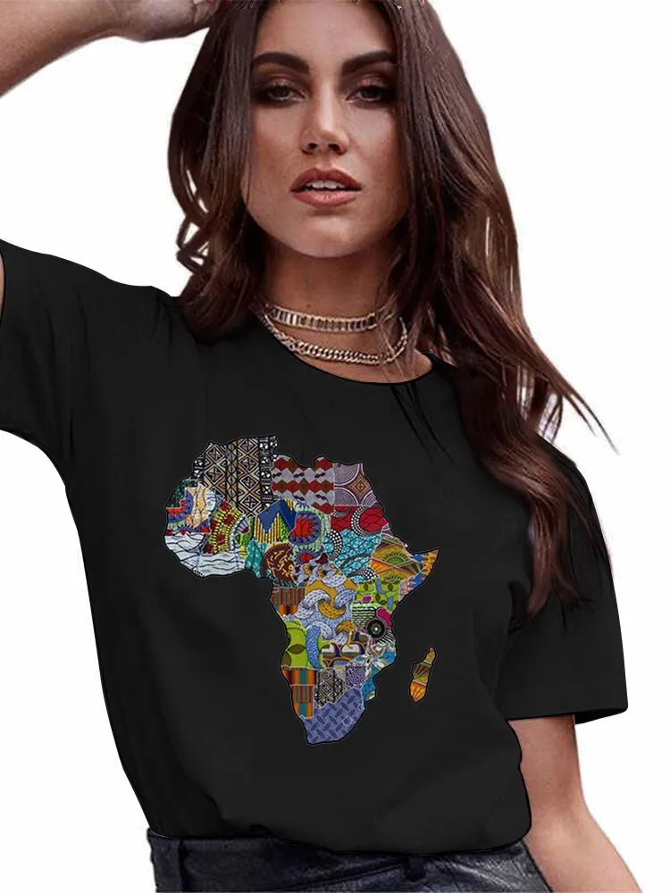 4XL Variety Africa Art Print Black T shirt Round Neck Short Sleeve