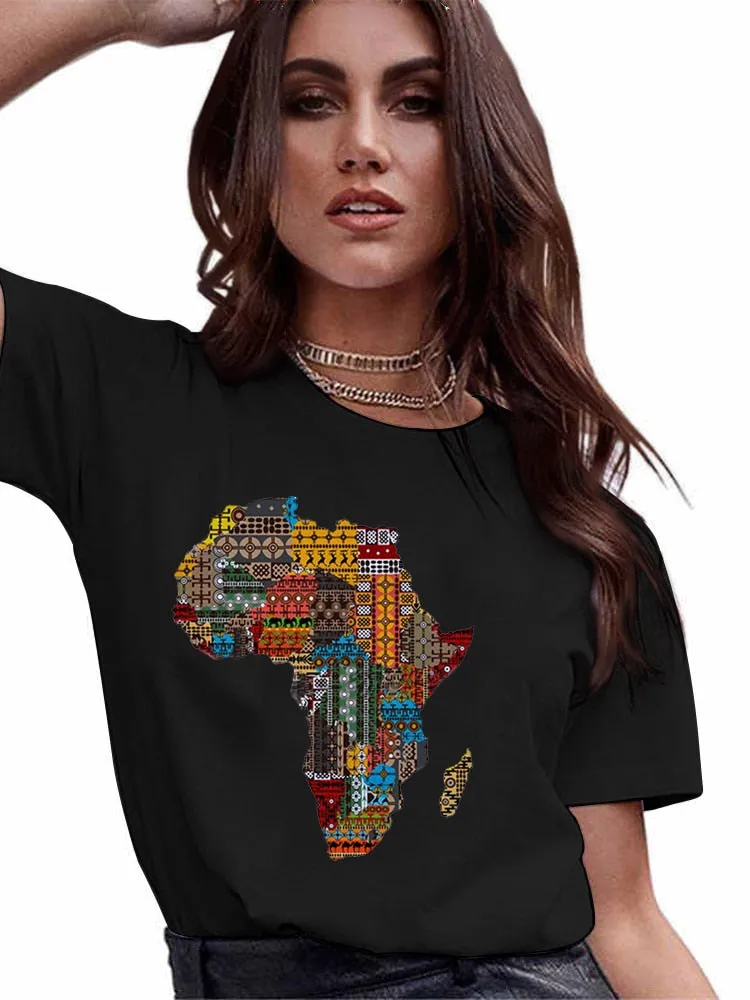 4XL Variety Africa Art Print Black T shirt Round Neck Short Sleeve