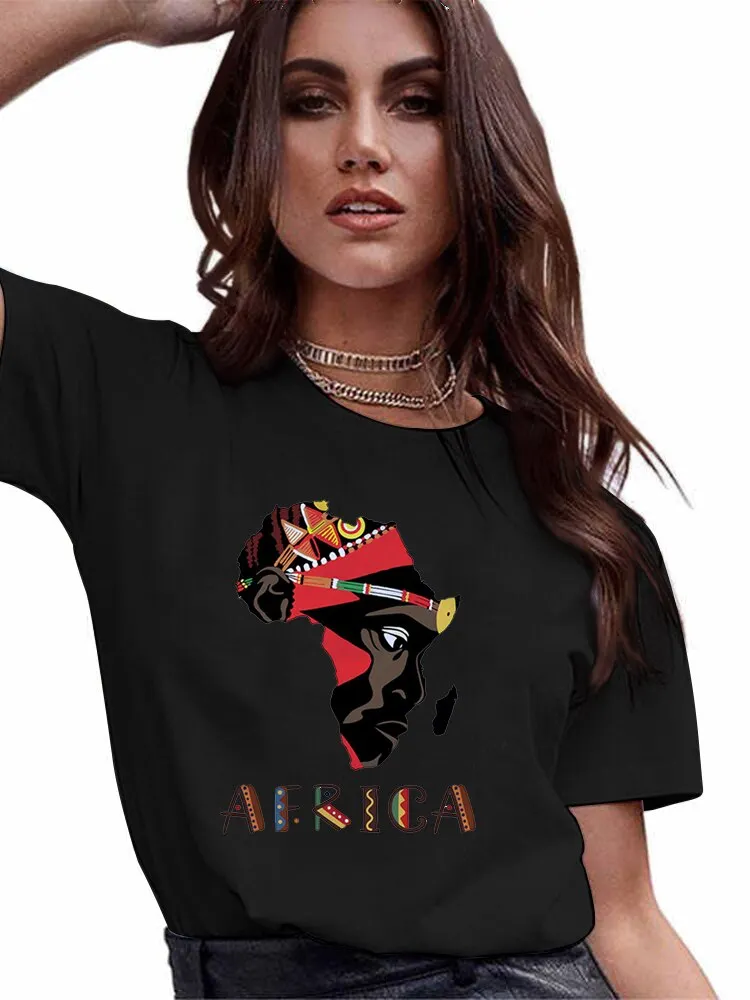 4XL Variety Africa Art Print Black T shirt Round Neck Short Sleeve