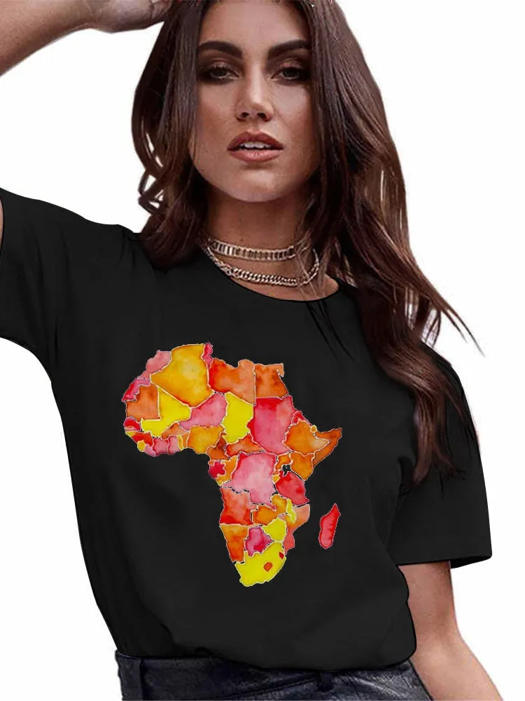 4XL Variety Africa Art Print Black T shirt Round Neck Short Sleeve