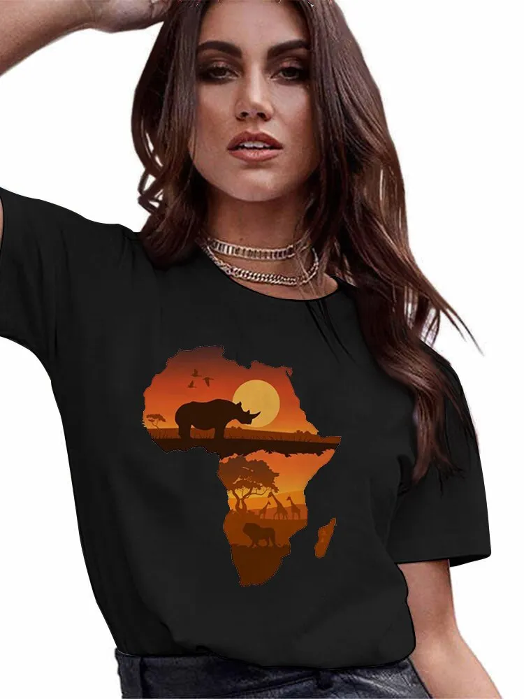 4XL Variety Africa Art Print Black T shirt Round Neck Short Sleeve