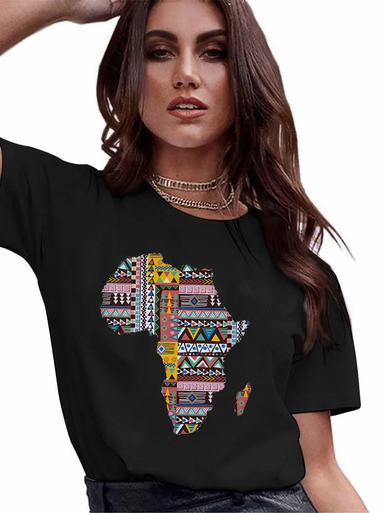 4XL Variety Africa Art Print Black T shirt Round Neck Short Sleeve