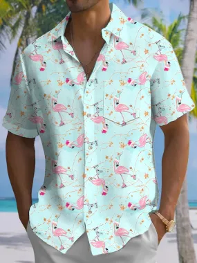 Alohadaddy Beach Flamingo Christmas Button Pocket Casual Short Sleeve Shirt