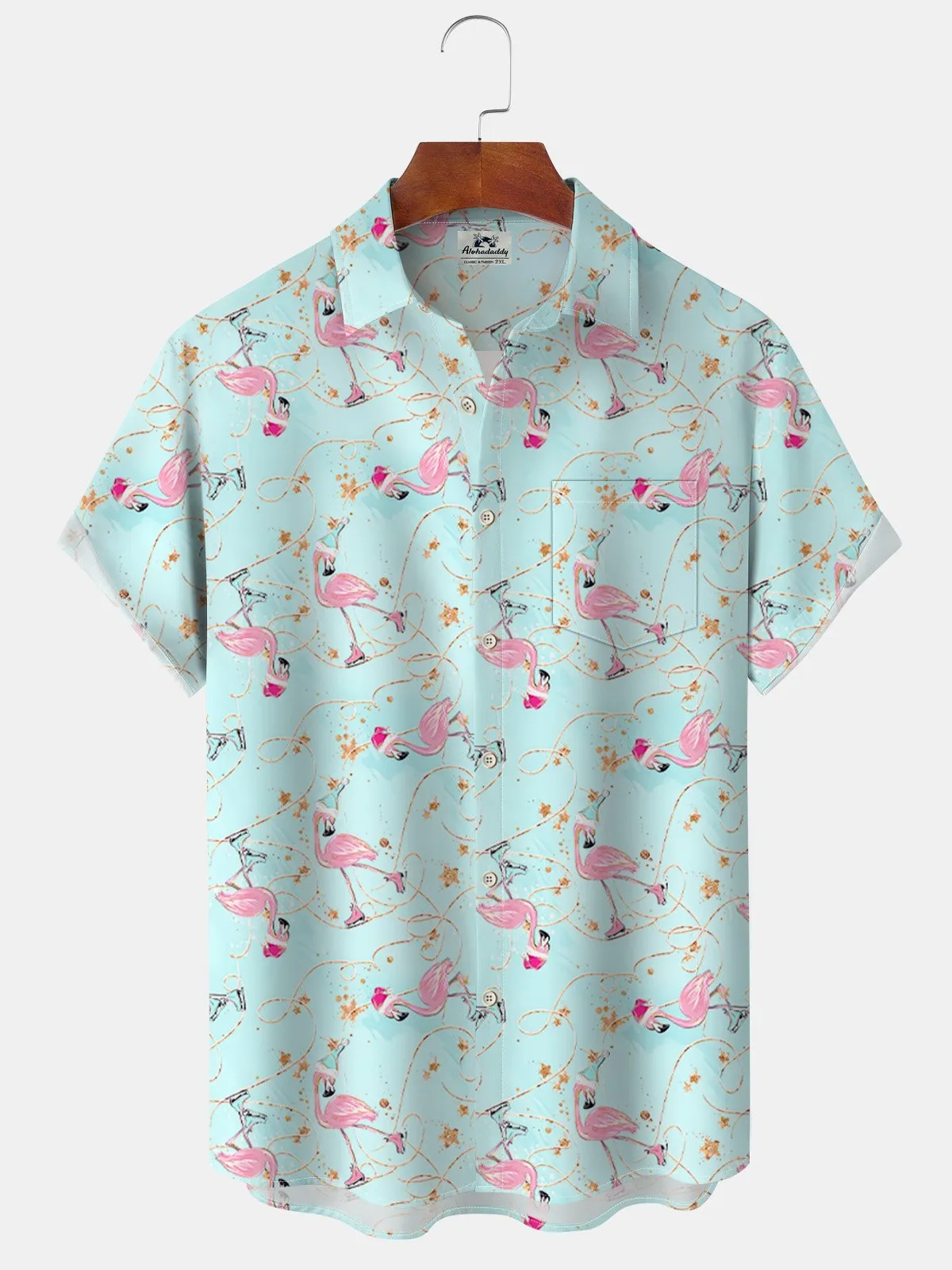 Alohadaddy Beach Flamingo Christmas Button Pocket Casual Short Sleeve Shirt