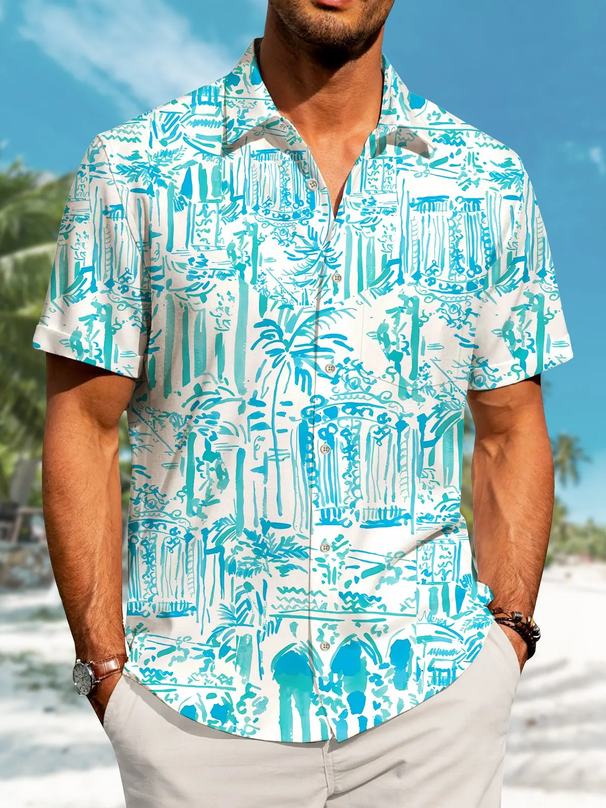 Alohadaddy Beach Vacation Coconut Tree Button Pocket Casual Short Sleeve Shirt