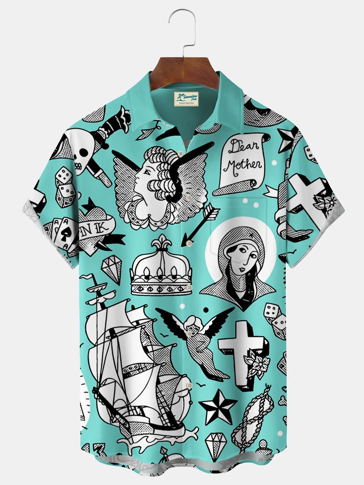 Alohadaddy Beach Vacation Men's Hawaiian Shirt Tattoo Print Pocket Camping Shirt Big Tall