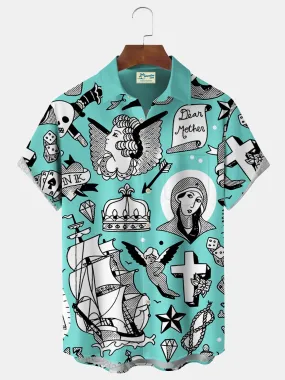 Alohadaddy Beach Vacation Men's Hawaiian Shirt Tattoo Print Pocket Camping Shirt Big Tall