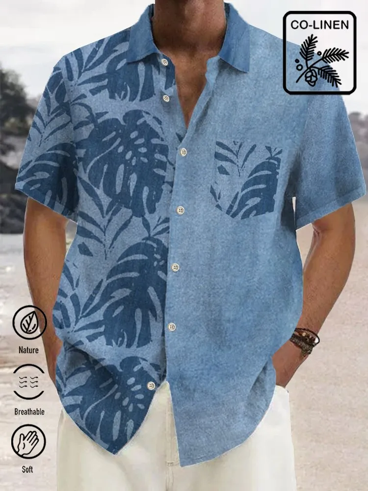 Alohadaddy Blue Linen Hawaiian Leaf Print Breast Pocket Vacation Shirt Plus Size Hawaiian Shirt