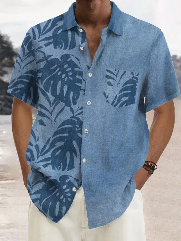 Alohadaddy Blue Linen Hawaiian Leaf Print Breast Pocket Vacation Shirt Plus Size Hawaiian Shirt