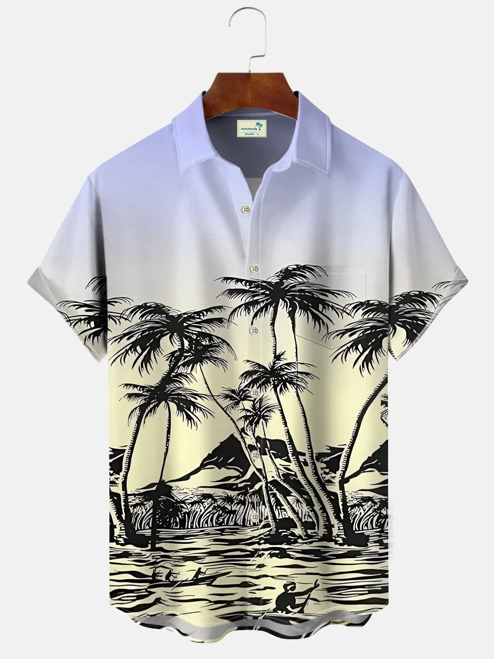 Alohadaddy Coconut Tree Gradient Button Pocket Casual  Short Sleeve Shirt