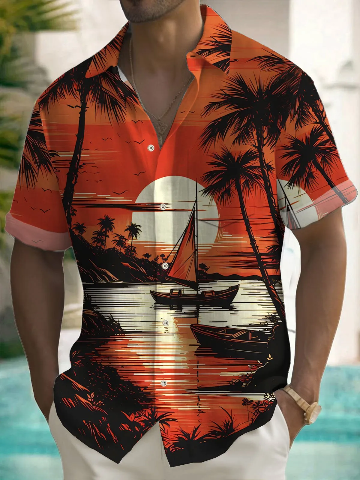 Alohadaddy Hawaiian Coconut Tree Sunset Landscape Print Men's Button Pocket Short Sleeve Shirt