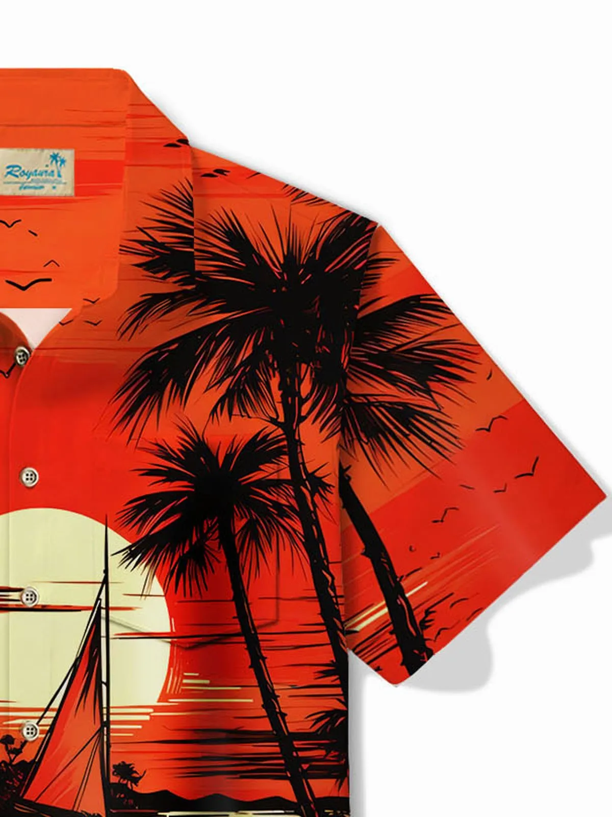 Alohadaddy Hawaiian Coconut Tree Sunset Landscape Print Men's Button Pocket Short Sleeve Shirt