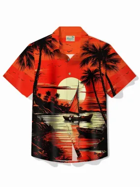 Alohadaddy Hawaiian Coconut Tree Sunset Landscape Print Men's Button Pocket Short Sleeve Shirt