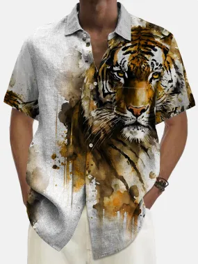Alohadaddy Tiger Men's Casual Shirt Fun Cartoon Aloha Button Pocket Animal Shirts