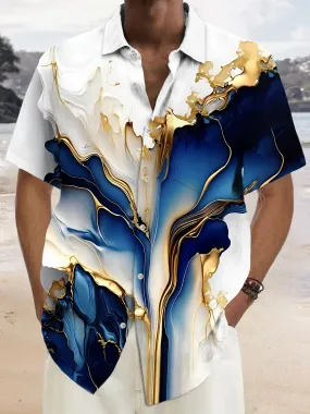 Alohadaddy Vintage Blue Gold Gorgeous Abstract Texture Print Chest Pocket Shirt Plus Size Men's Shirt