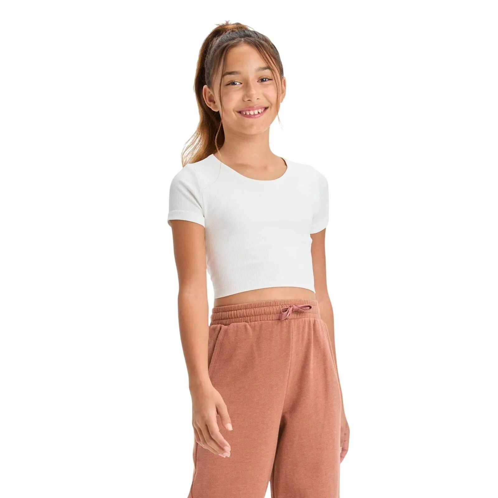 Art Class Girls Short Sleeve Scoop Neck Seamless Cropped Top 89736362 White L