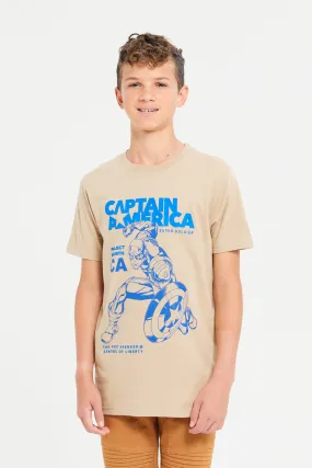 Beige Captain America Short Sleeve T-Shirt With Puff Print