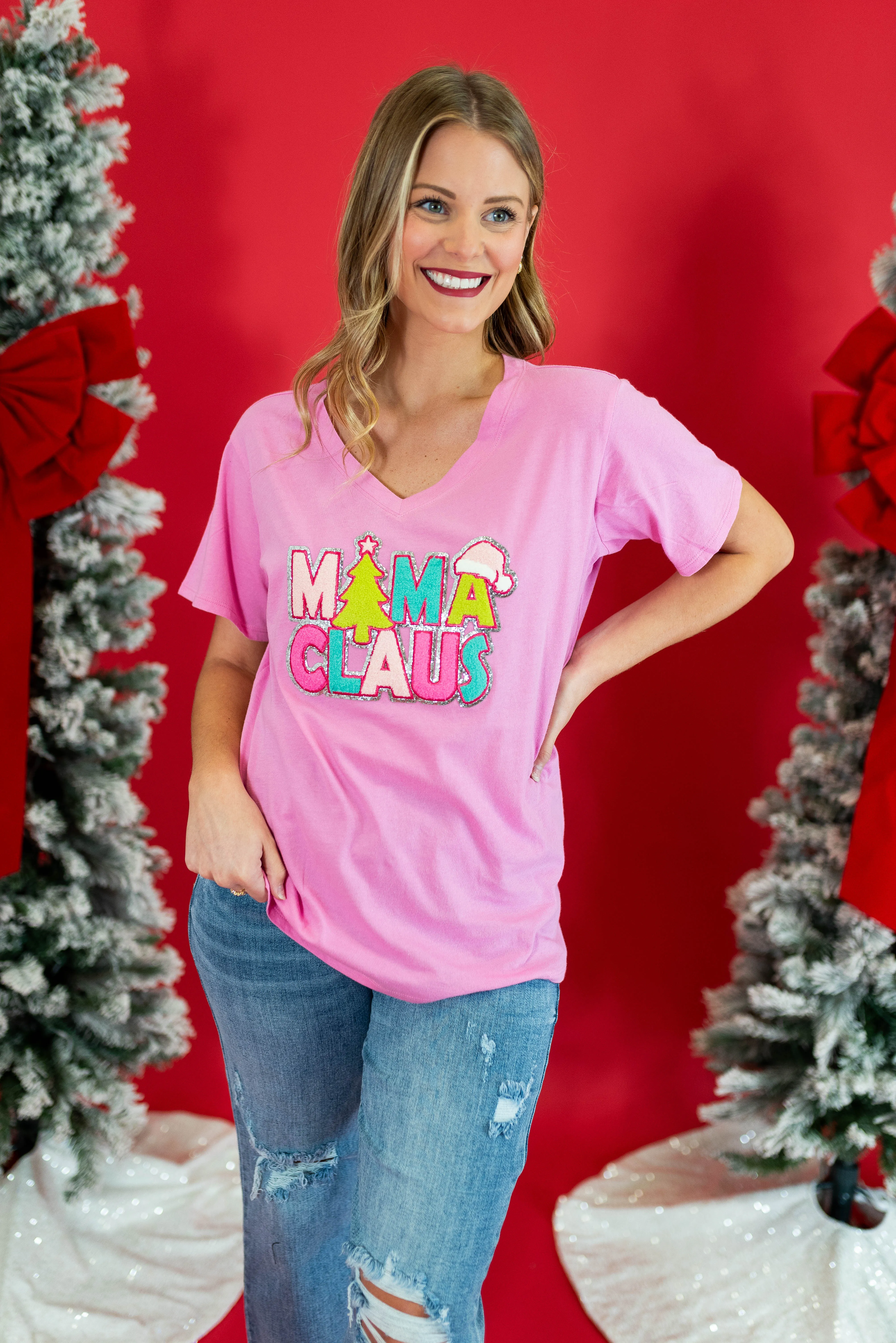 Bishop T's: Short Sleeve V-Neck Mama Claus Tee - Pink