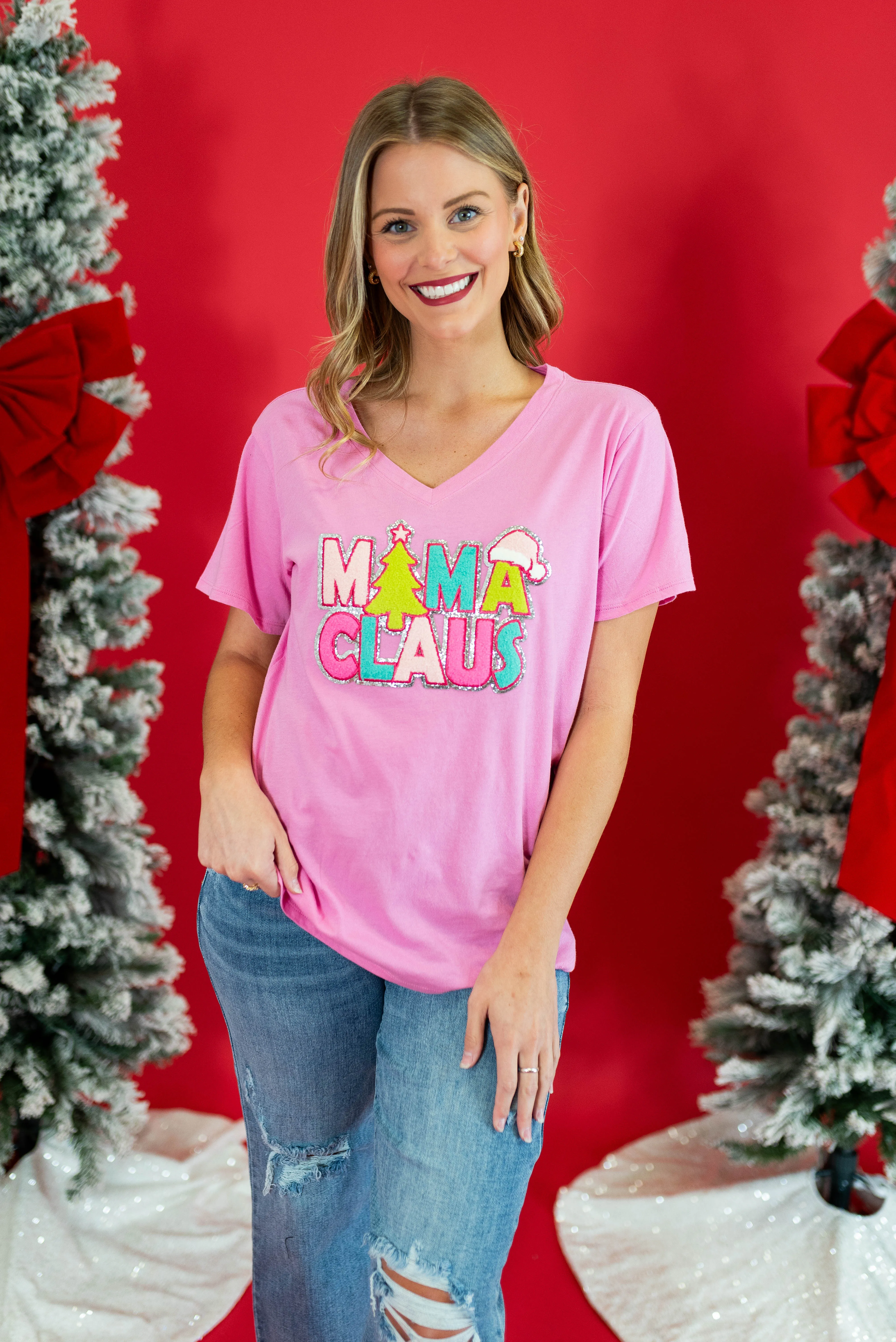 Bishop T's: Short Sleeve V-Neck Mama Claus Tee - Pink