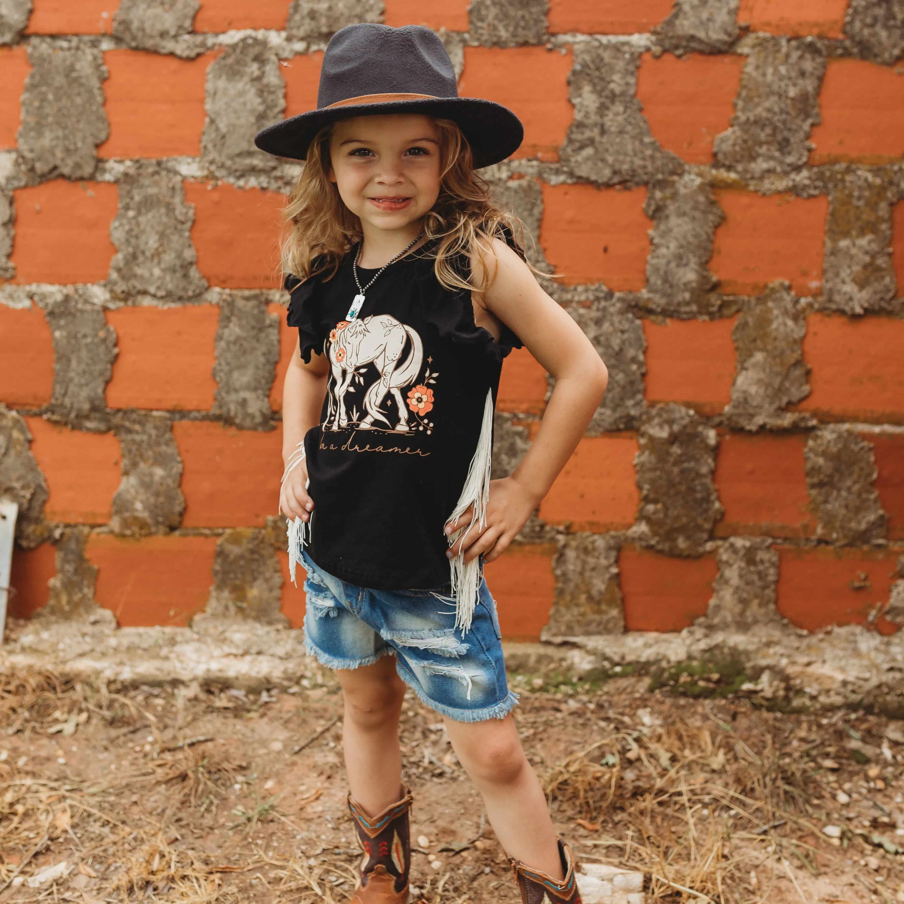 Black Be a Dreamer Fringe Shirt (6-7)