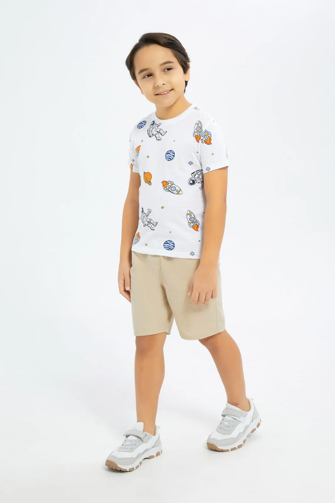 Boys White And Blue Space Print T-Shirt Set (2 Piece)