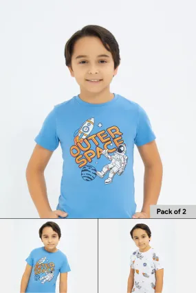 Boys White And Blue Space Print T-Shirt Set (2 Piece)
