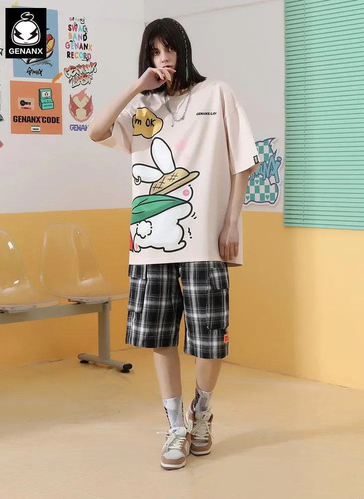 Bunny Print Space Cotton Dropped Sleeve Couple T-Shirt