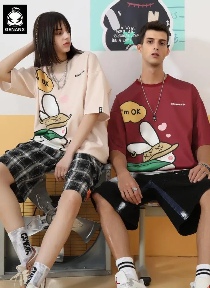 Bunny Print Space Cotton Dropped Sleeve Couple T-Shirt