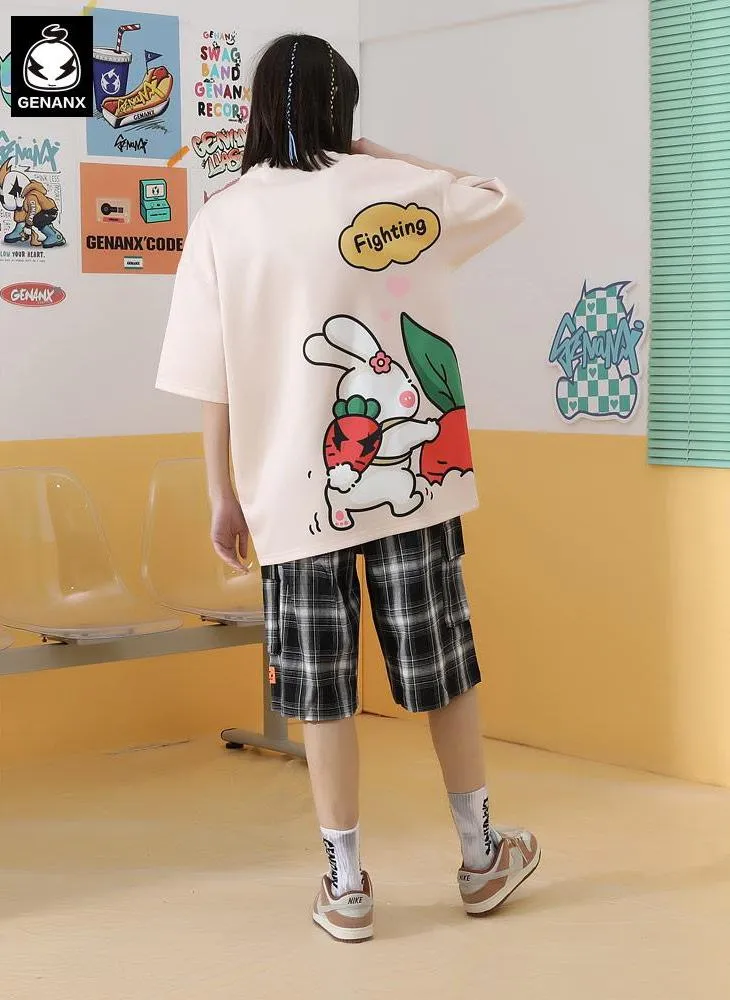 Bunny Print Space Cotton Dropped Sleeve Couple T-Shirt