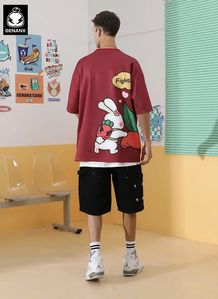 Bunny Print Space Cotton Dropped Sleeve Couple T-Shirt
