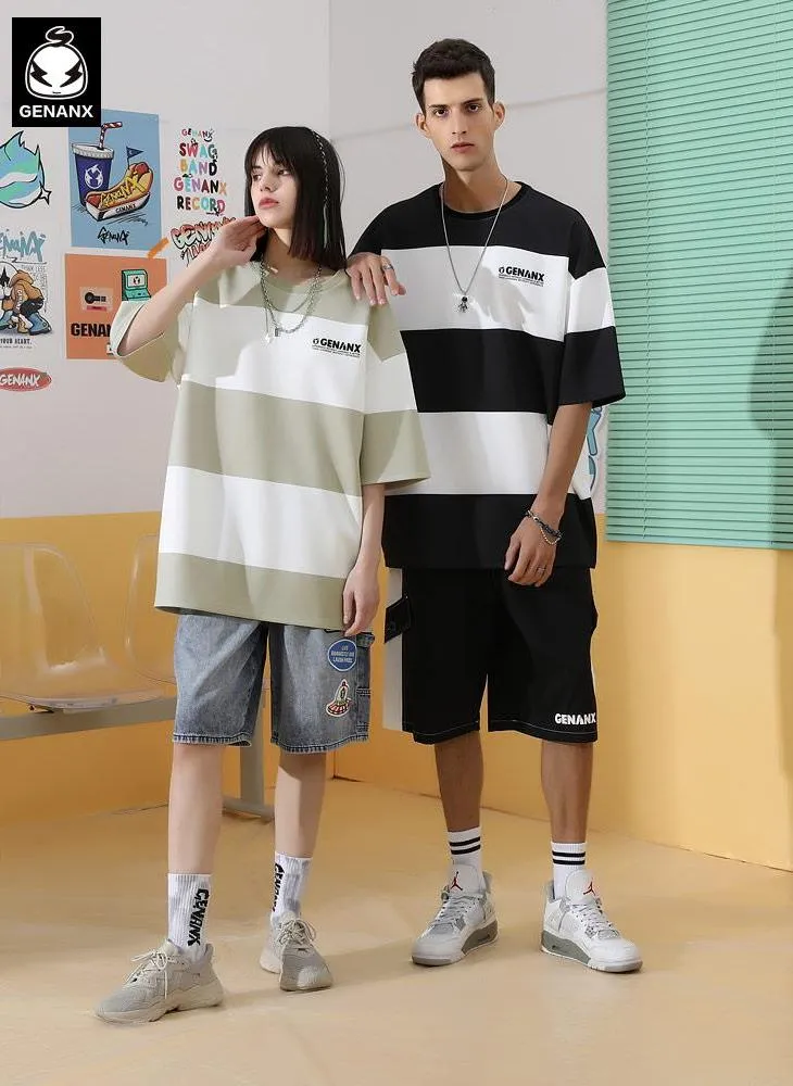 Contrast striped Genanx Gaby Off-shoulder Sleeve Space Cotton T-shirt
