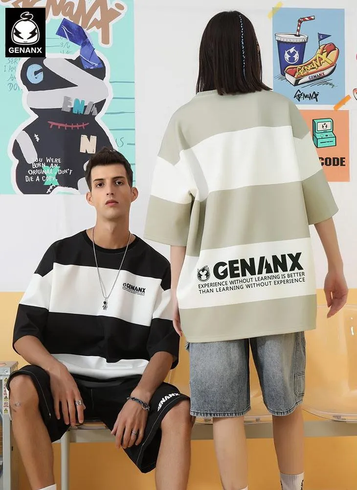 Contrast striped Genanx Gaby Off-shoulder Sleeve Space Cotton T-shirt
