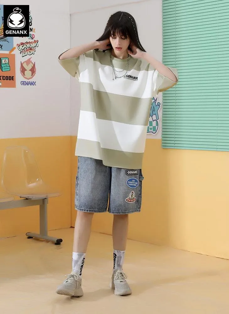 Contrast striped Genanx Gaby Off-shoulder Sleeve Space Cotton T-shirt