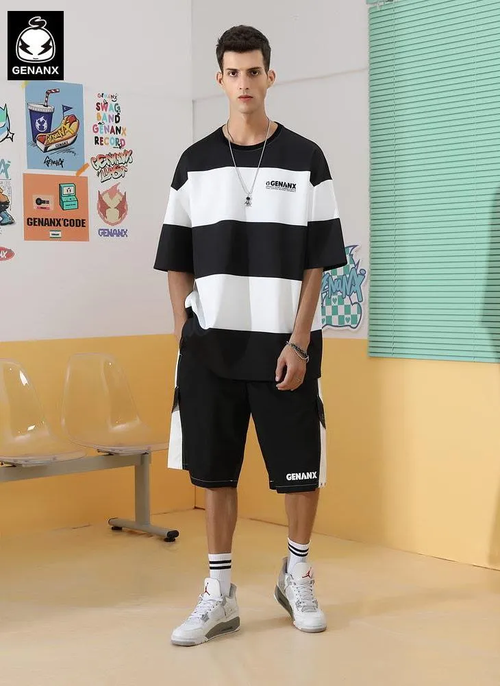 Contrast striped Genanx Gaby Off-shoulder Sleeve Space Cotton T-shirt