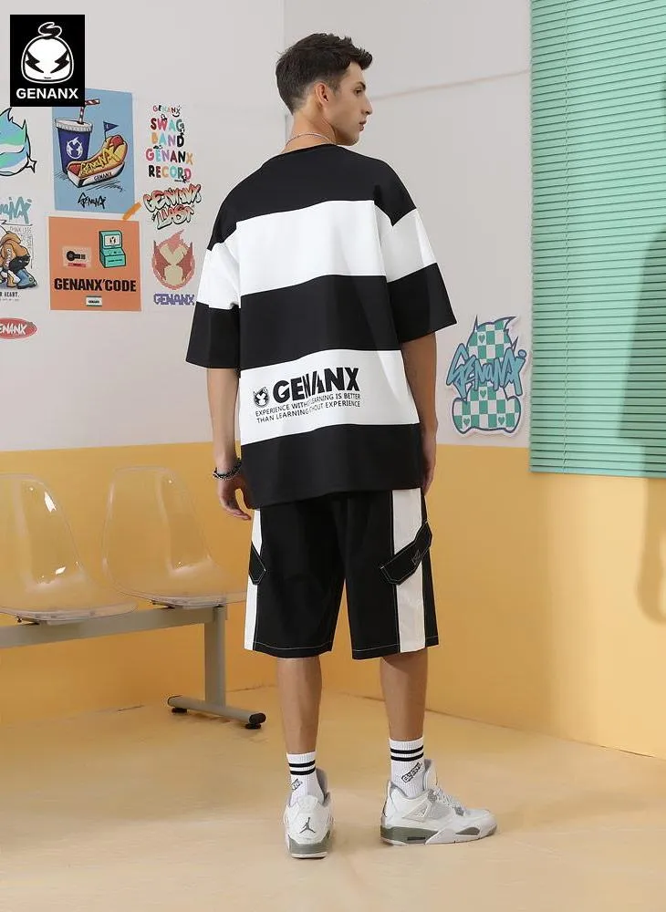 Contrast striped Genanx Gaby Off-shoulder Sleeve Space Cotton T-shirt