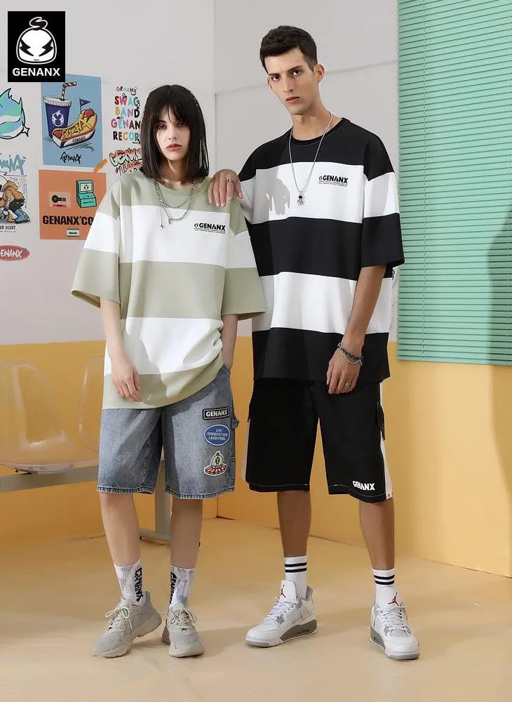 Contrast striped Genanx Gaby Off-shoulder Sleeve Space Cotton T-shirt