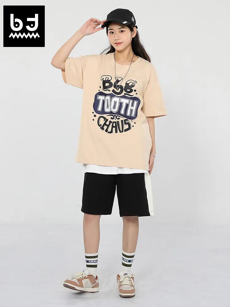 Creative English letter print loose sleeved round neck cotton T-shirt
