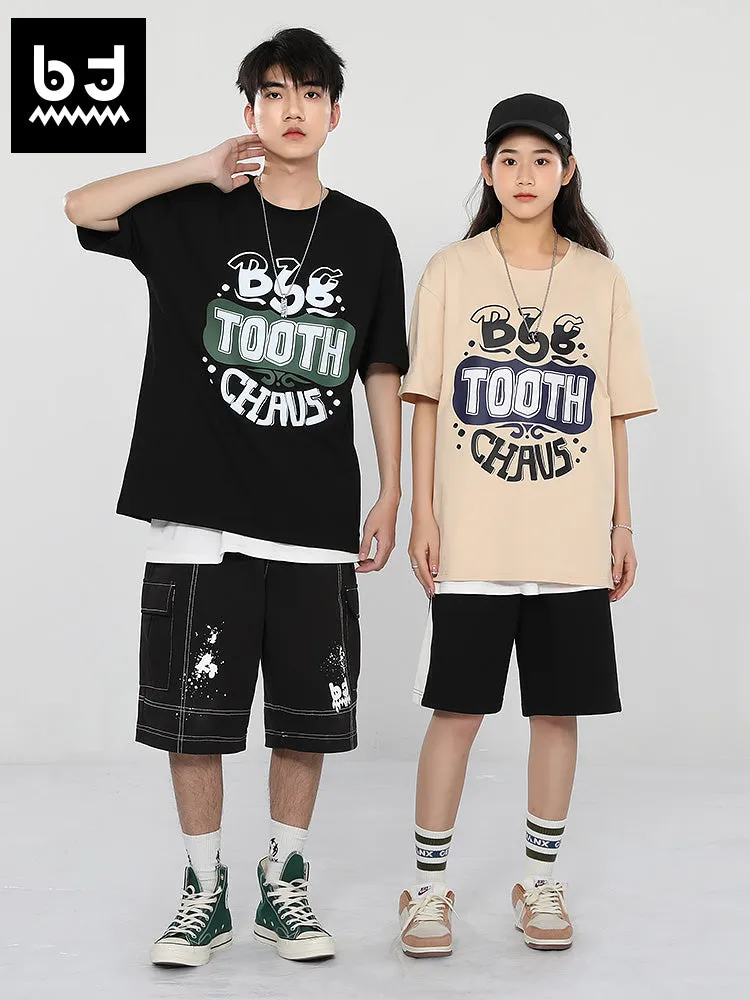 Creative English letter print loose sleeved round neck cotton T-shirt