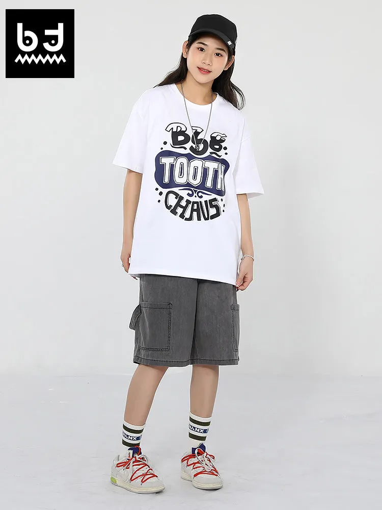 Creative English letter print loose sleeved round neck cotton T-shirt