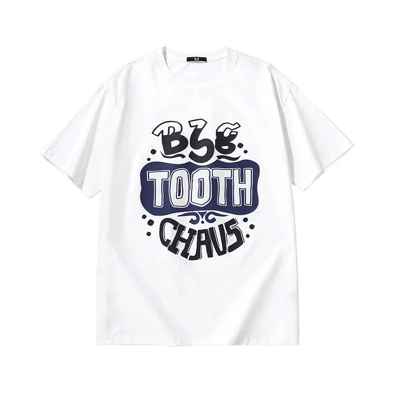 Creative English letter print loose sleeved round neck cotton T-shirt