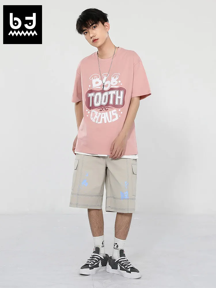 Creative English letter print loose sleeved round neck cotton T-shirt