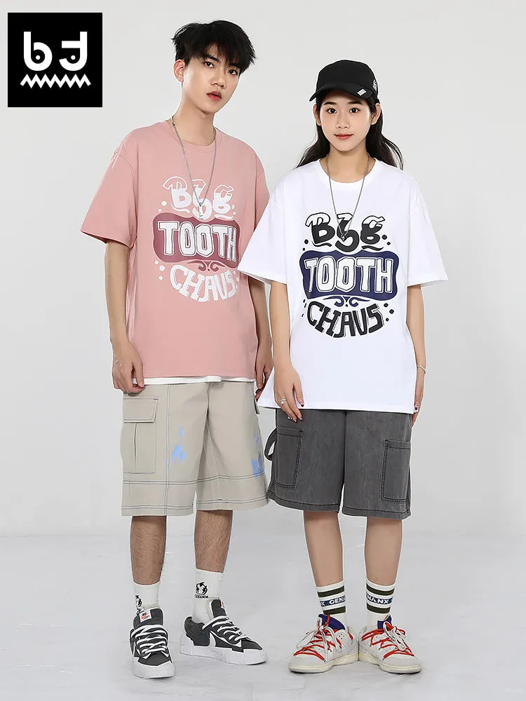 Creative English letter print loose sleeved round neck cotton T-shirt