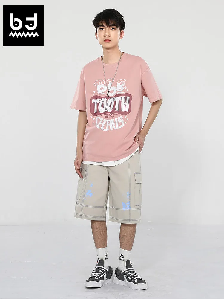 Creative English letter print loose sleeved round neck cotton T-shirt